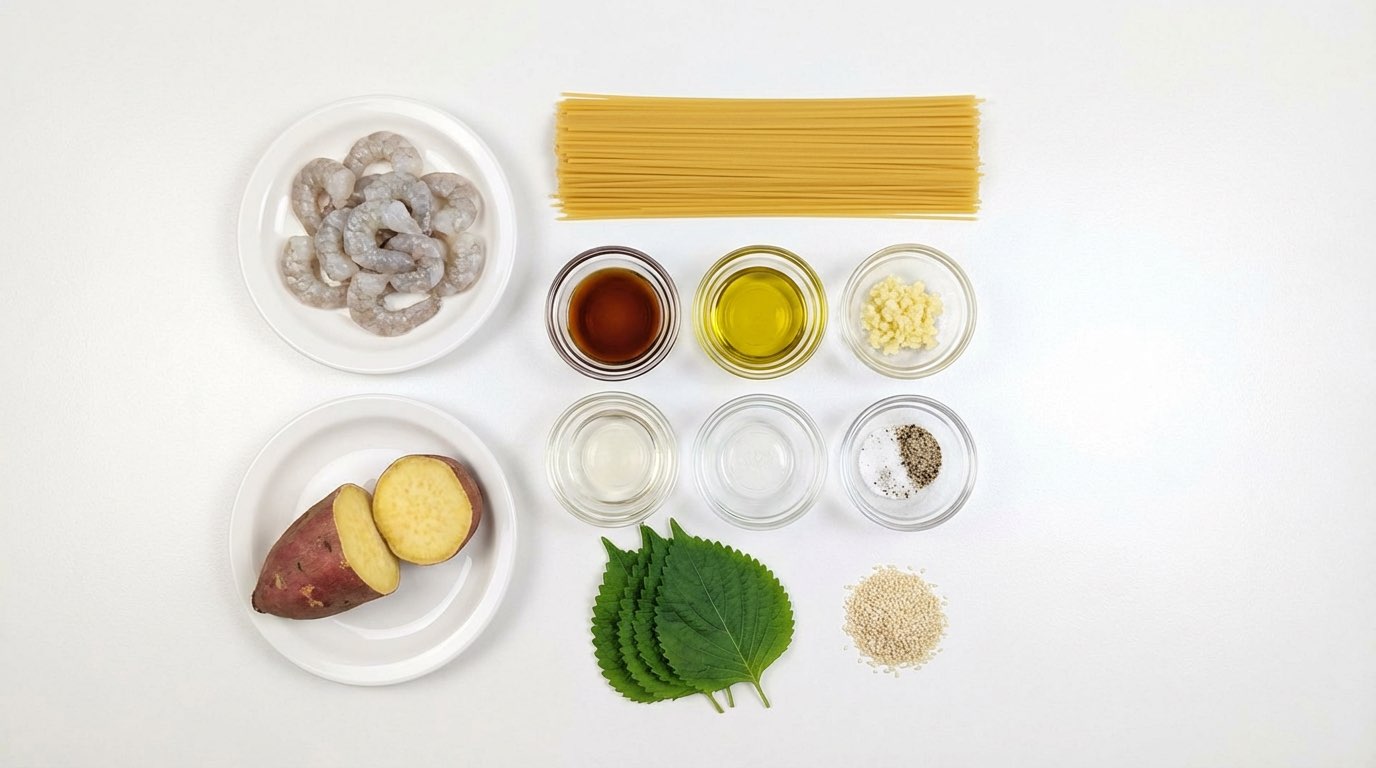 エビとさつまいものポン酢パスタ（材料）