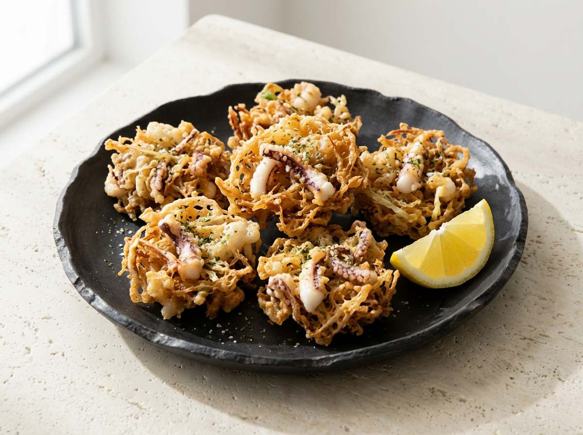 イカとキャベツの醤油風味のかき揚げ