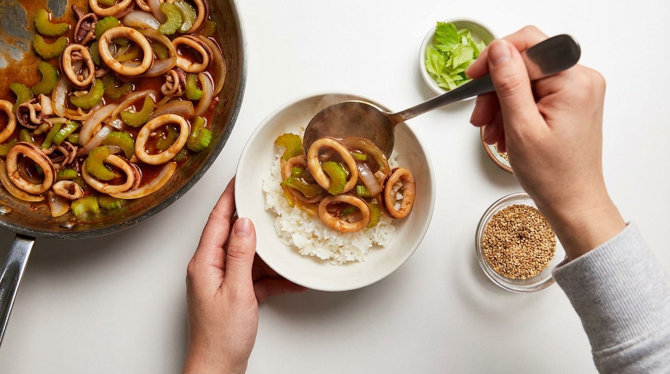 イカとセロリのケチャップ香る糖質オフ丼（完成イメージ）