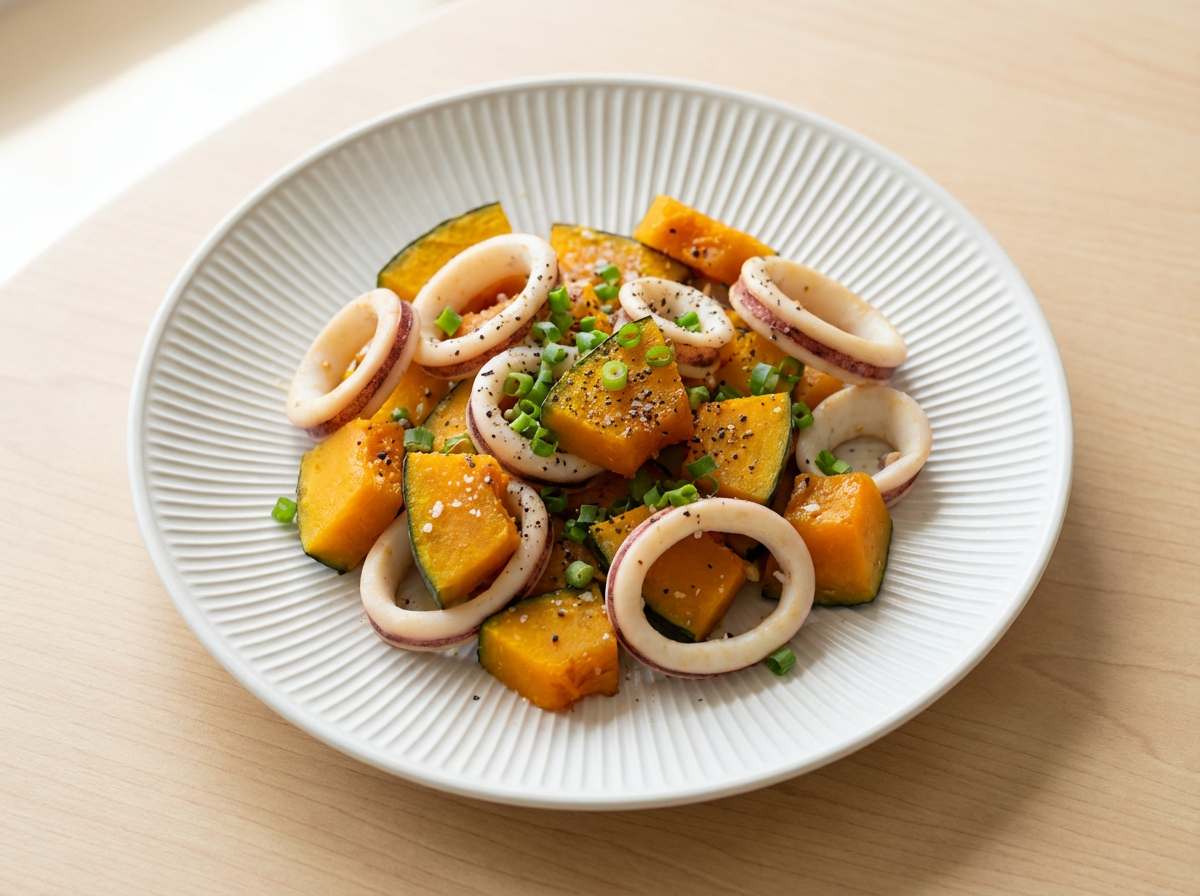 イカとかぼちゃの塩こしょう炒め