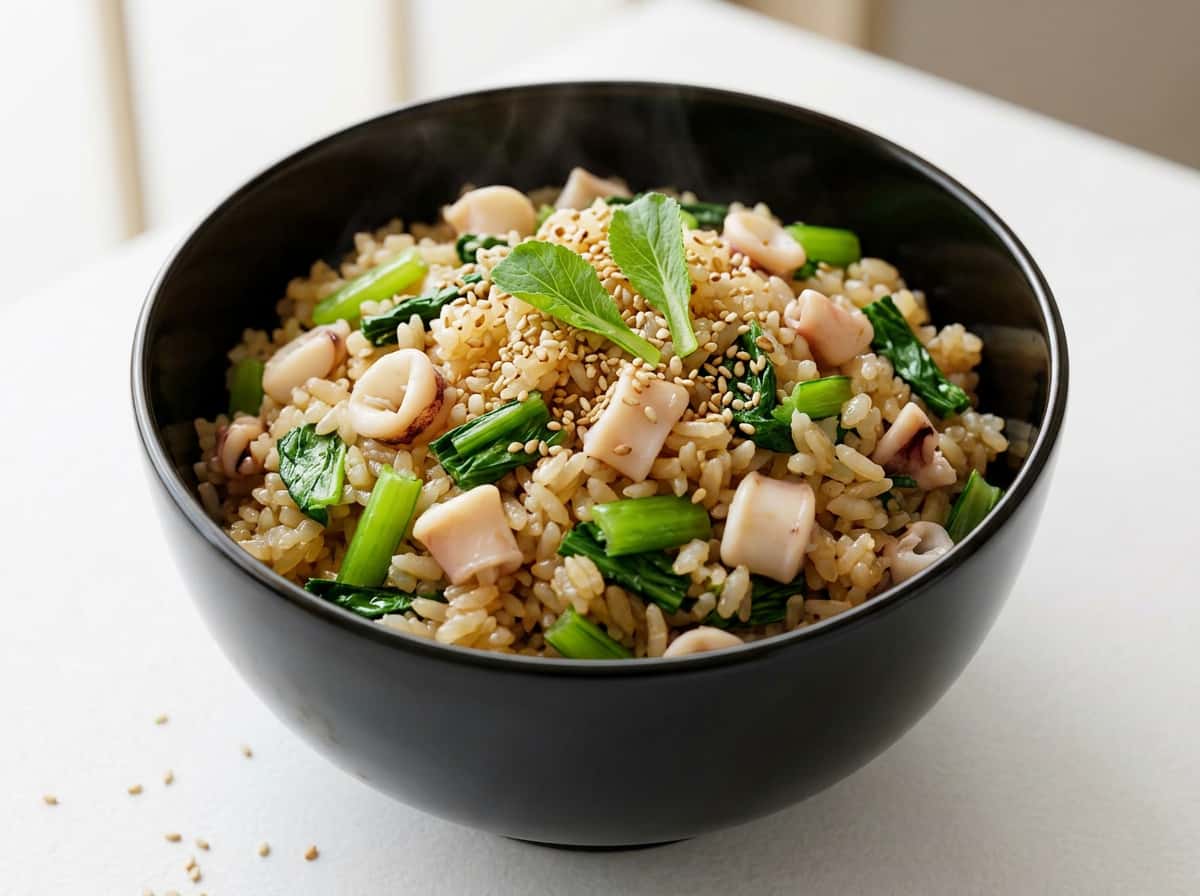 イカと小松菜のごま油炊き込みご飯