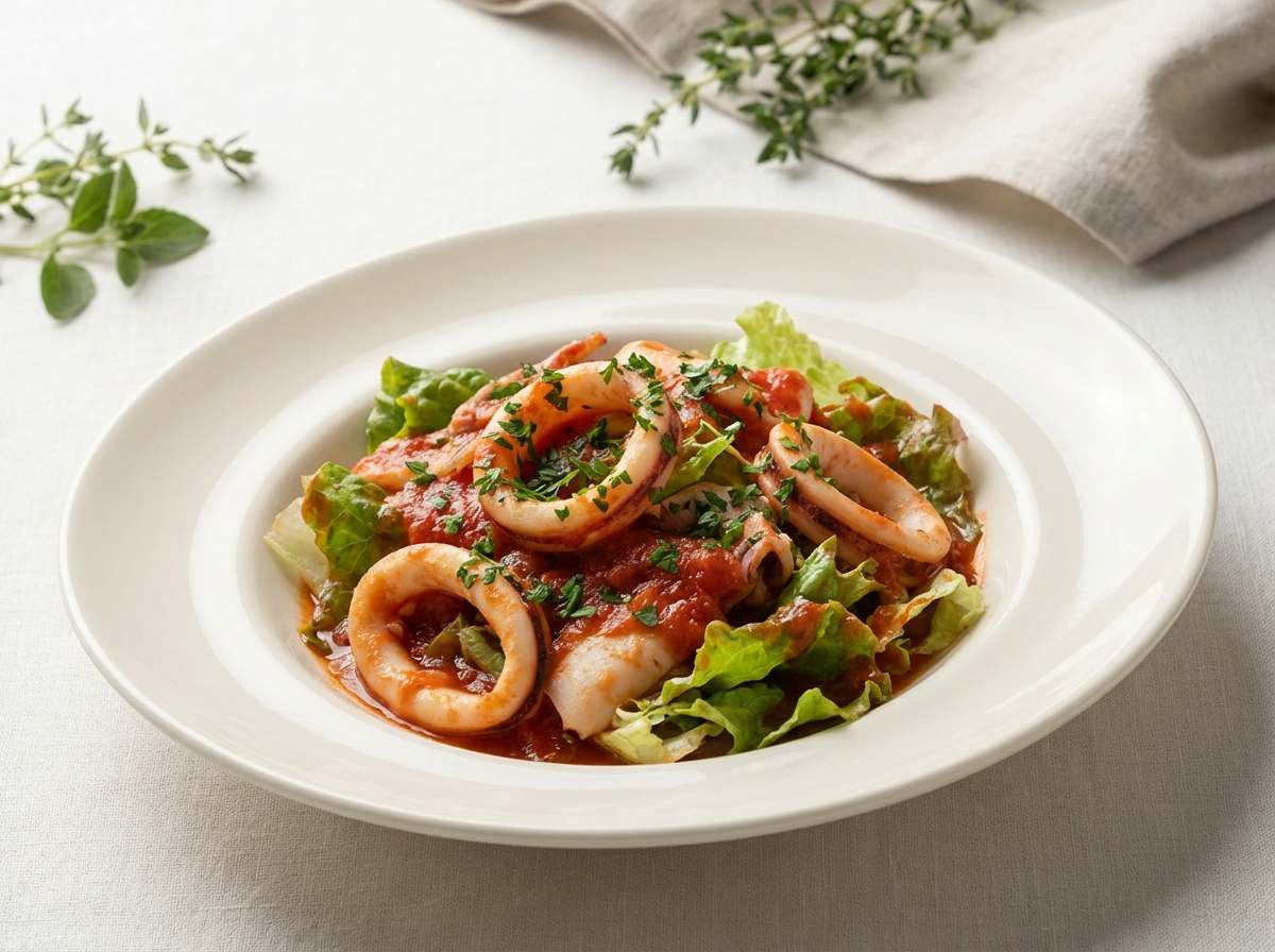 イカとレタスのトマトクリームあえ