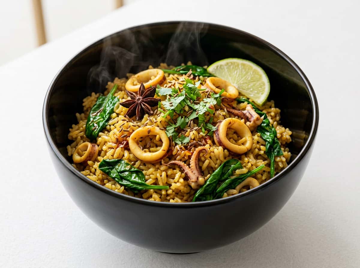 イカとほうれん草のカレー炊き込みご飯