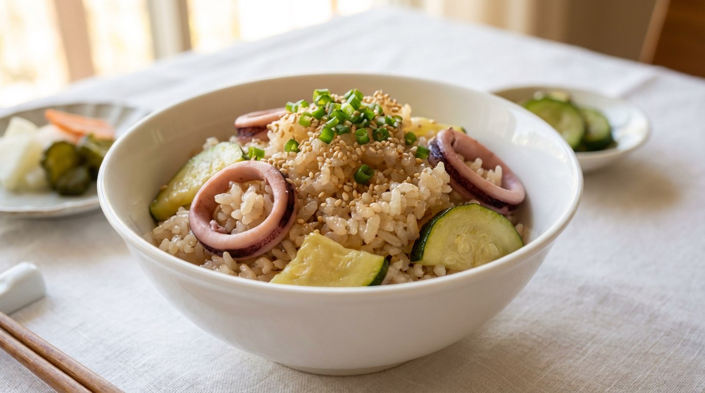 イカとズッキーニのごま油香る時短炊き込みご飯