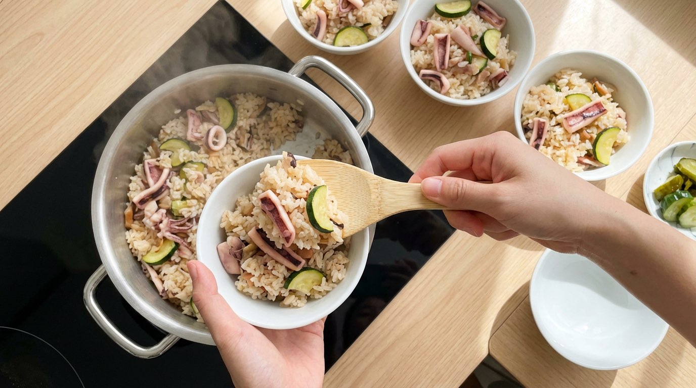 イカとズッキーニのごま油香る時短炊き込みご飯（完成イメージ）