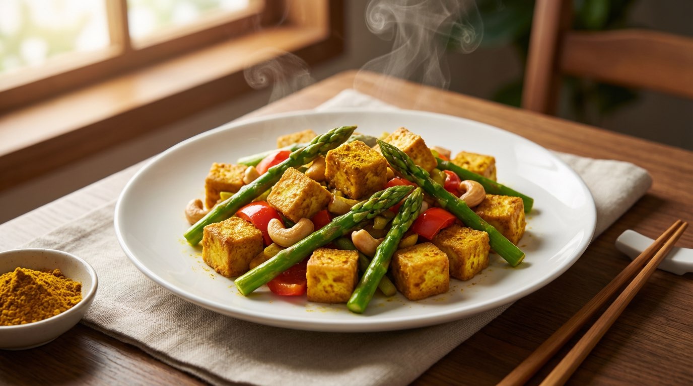 豆腐とアスパラガスのカレー炒め