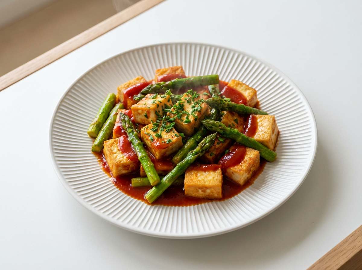 豆腐とアスパラのガッツリケチャップ焼き