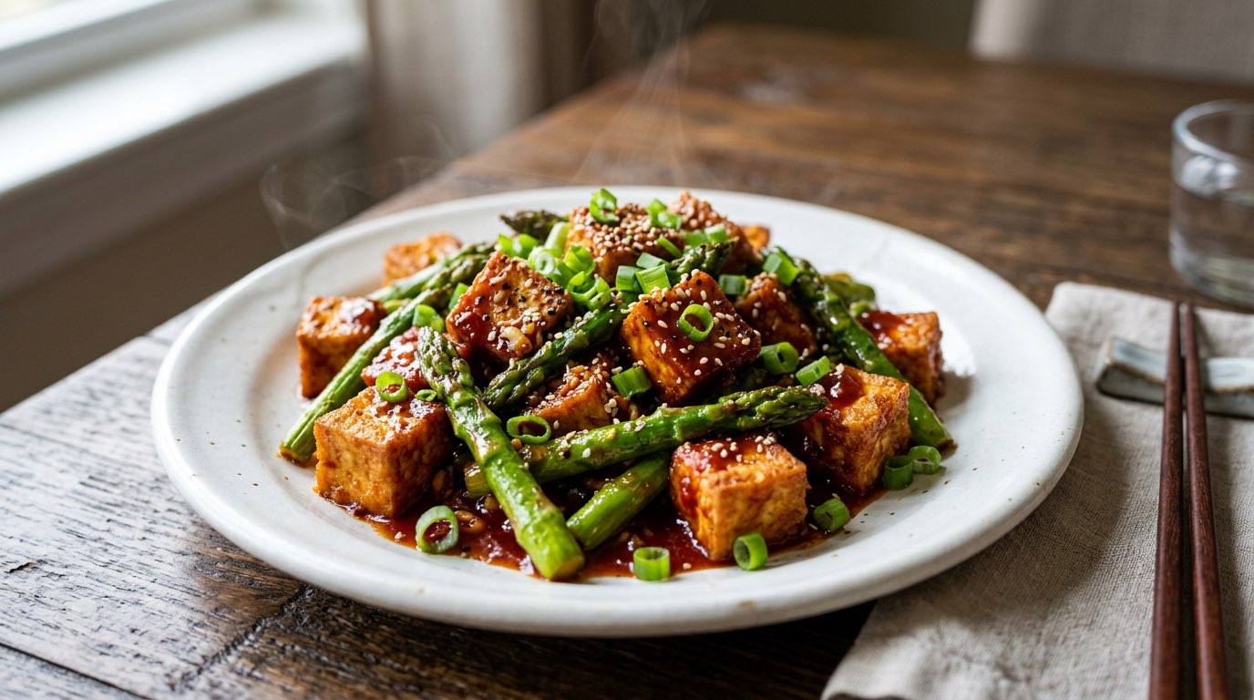 豆腐とアスパラのガッツリケチャップ焼き