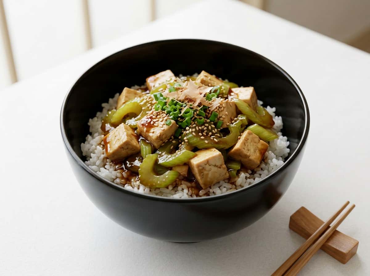 豆腐とセロリのめんつゆさっぱり丼