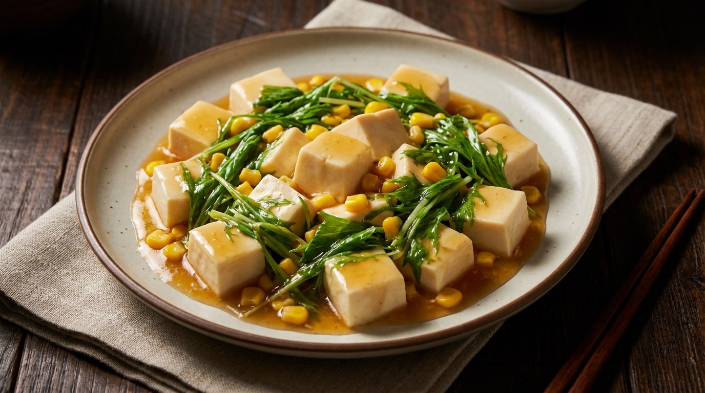 豆腐と水菜の鶏ガラあんかけレンジ蒸し