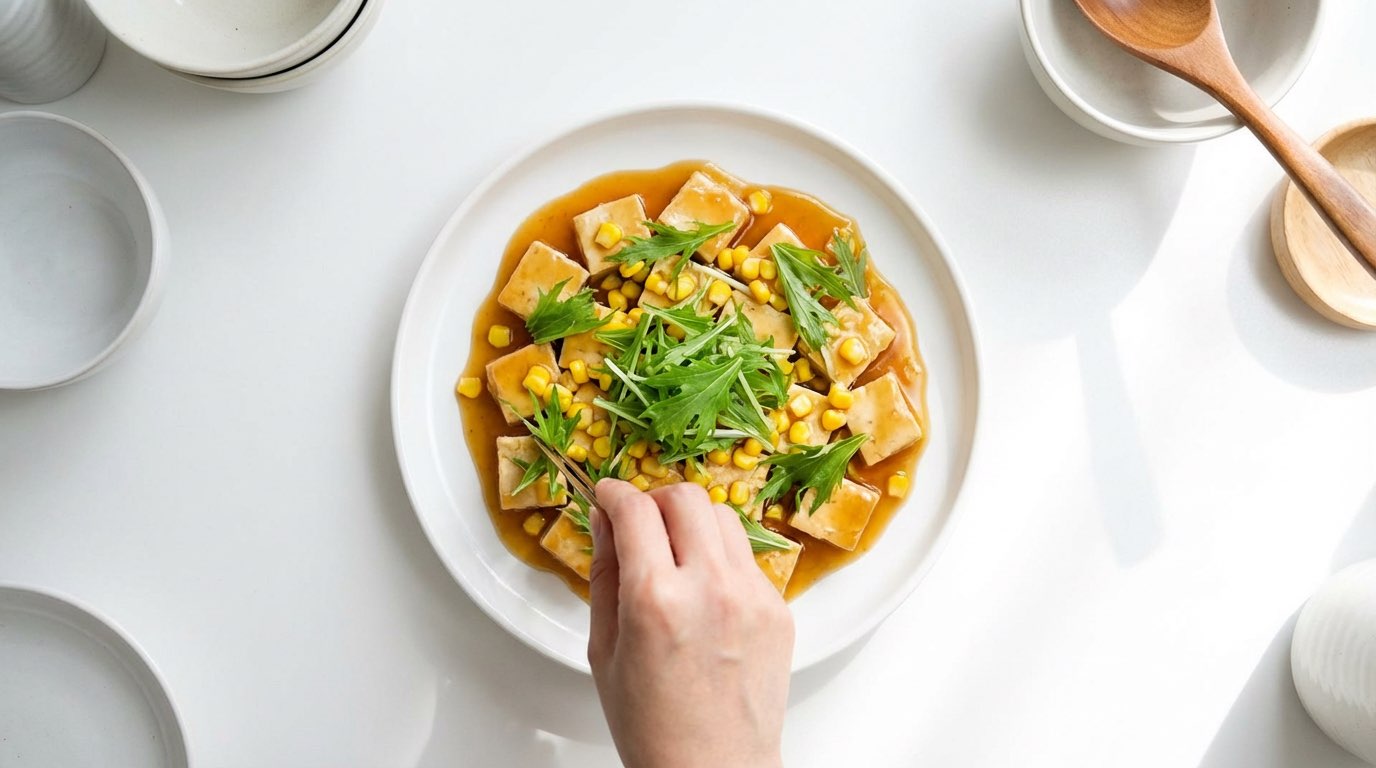 豆腐と水菜の鶏ガラあんかけレンジ蒸し（完成イメージ）