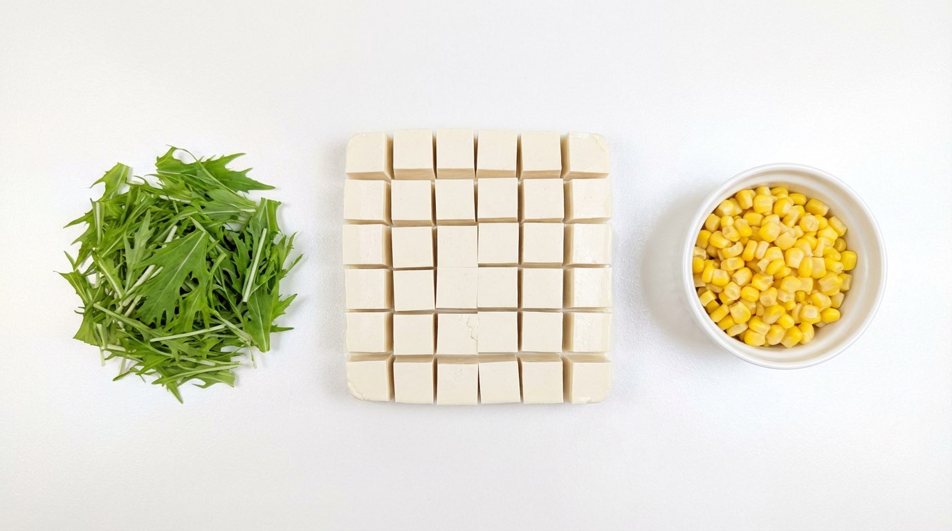 豆腐と水菜の鶏ガラあんかけレンジ蒸し（材料）