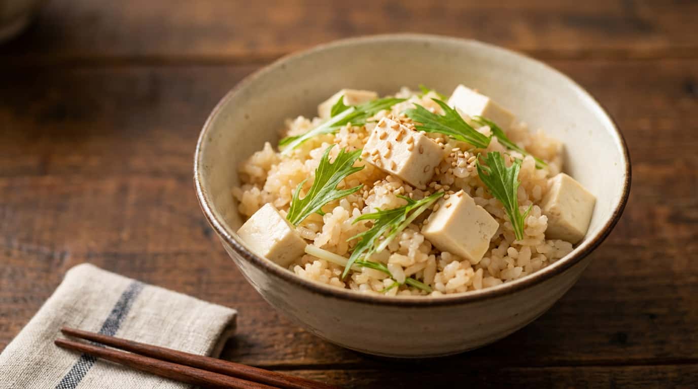 豆腐と水菜の白だし炊き込みご飯（完成イメージ）
