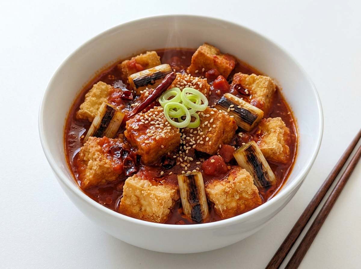 揚げ豆腐と長ねぎのピリ辛トマト煮