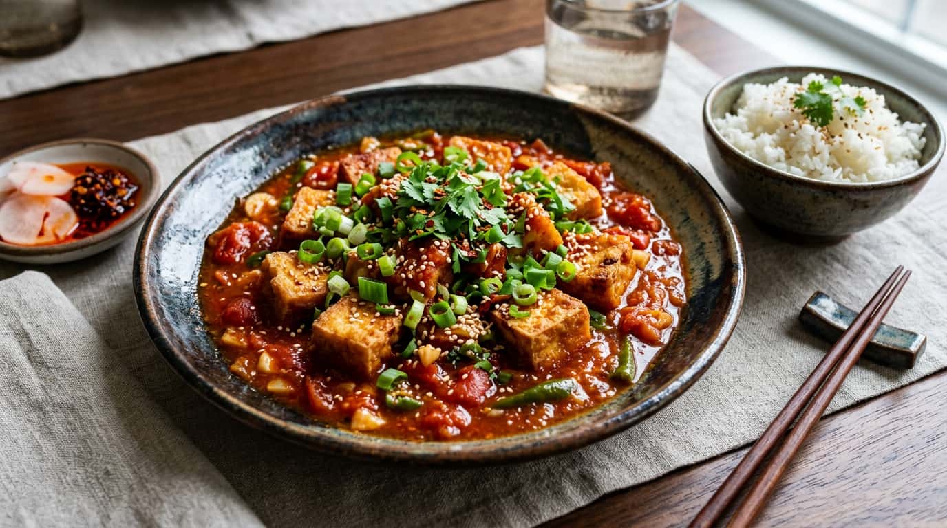 揚げ豆腐と長ねぎのピリ辛トマト煮（完成イメージ）