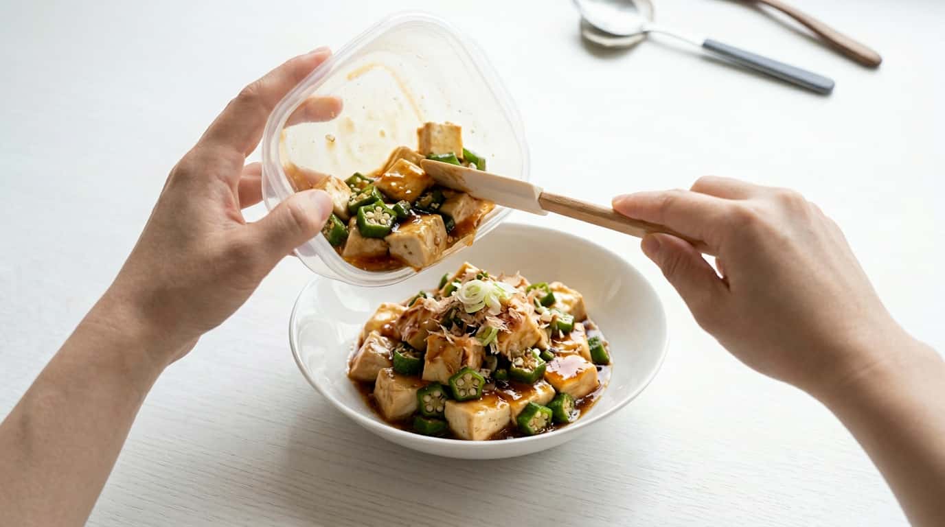 豆腐とオクラのめんつゆレンジ蒸し（完成イメージ）