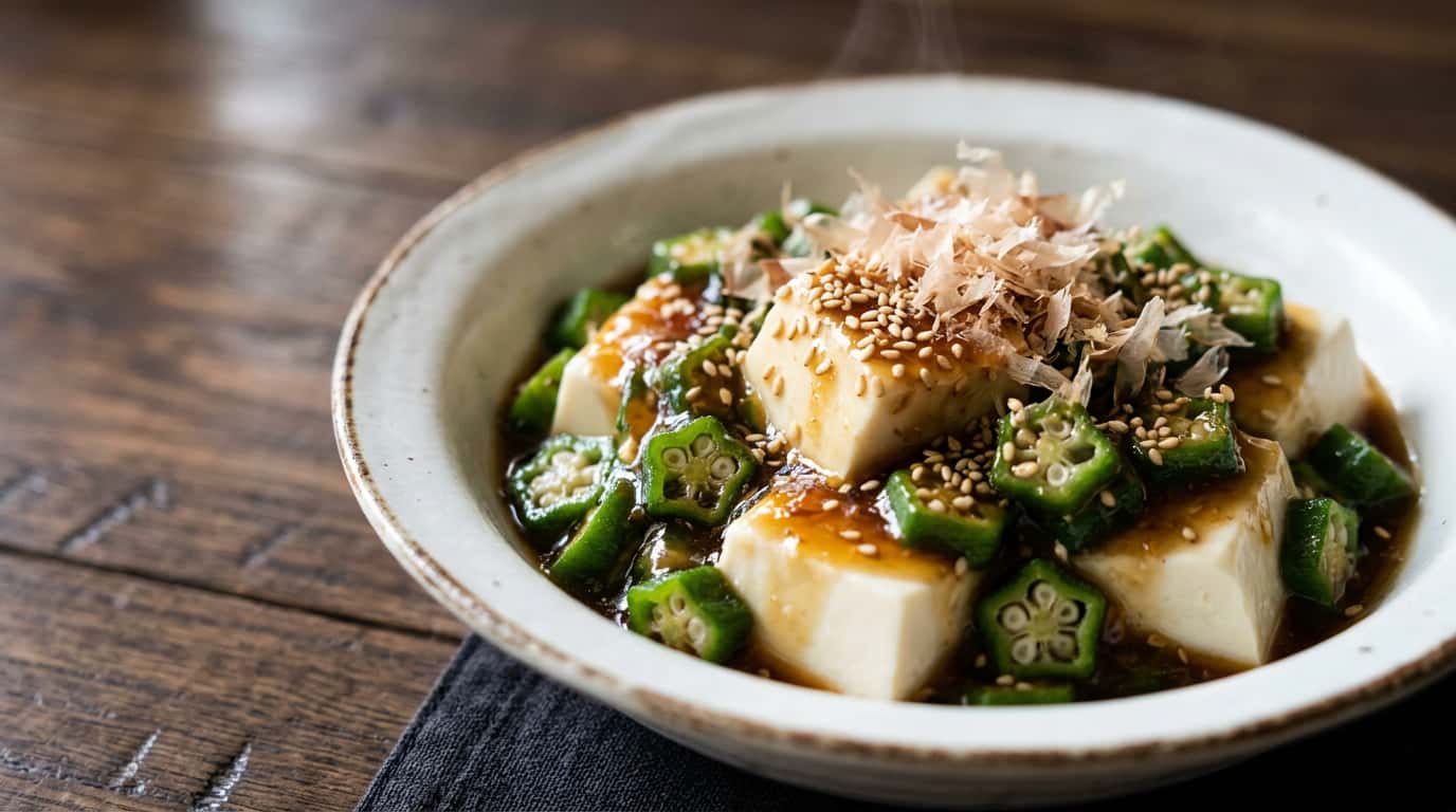 豆腐とオクラのめんつゆレンジ蒸し（完成イメージ）