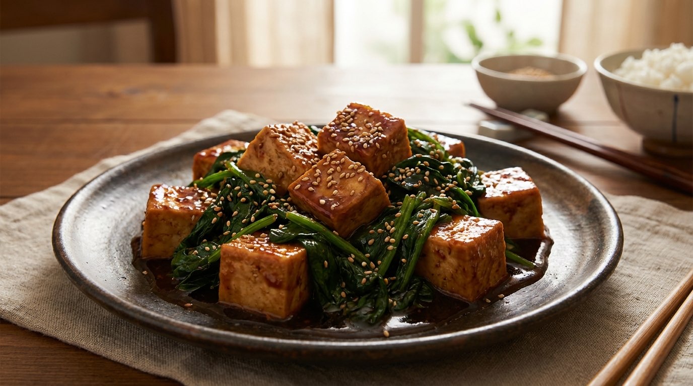 豆腐とほうれん草の焼肉だれ漬け