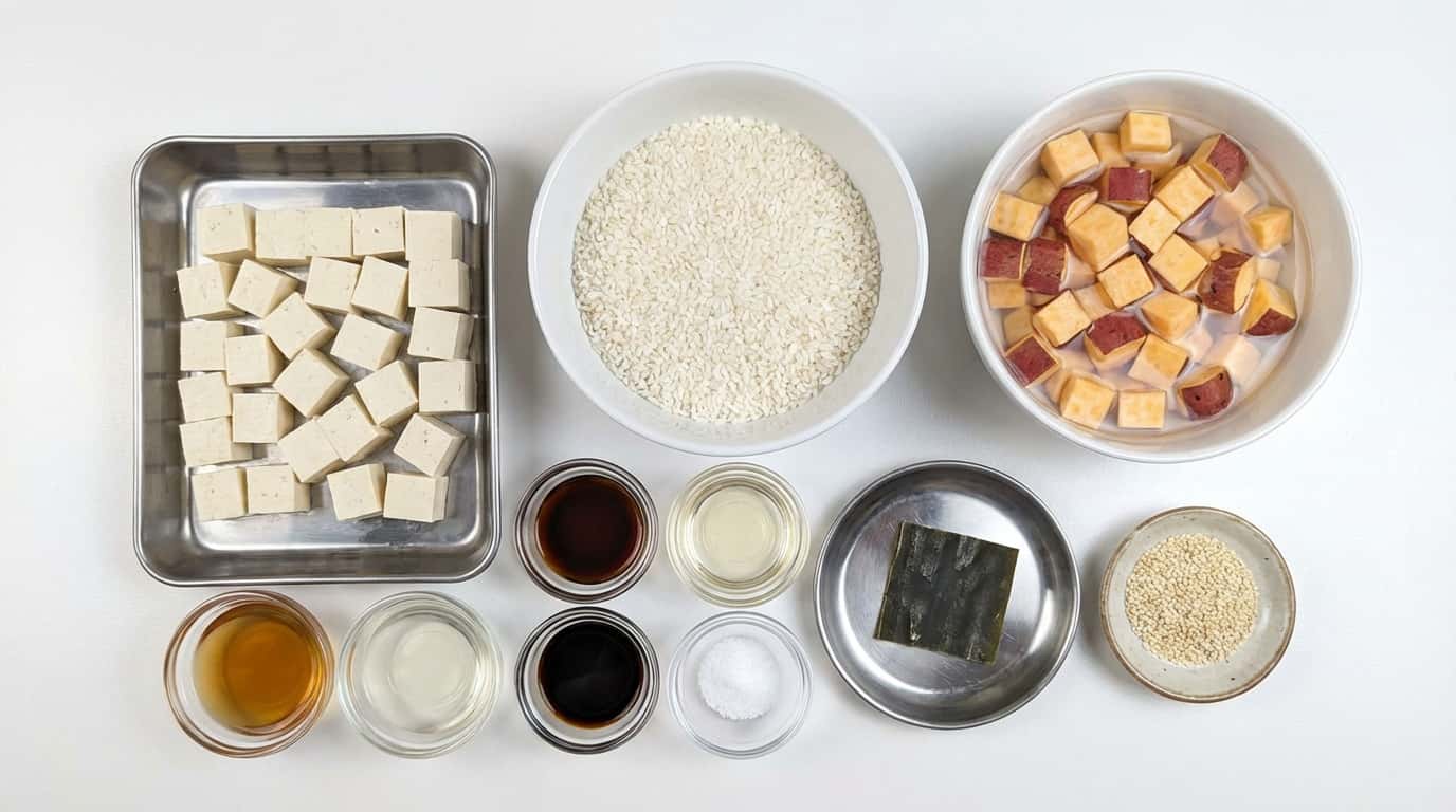 豆腐とさつまいものポン酢炊き込みご飯（材料）