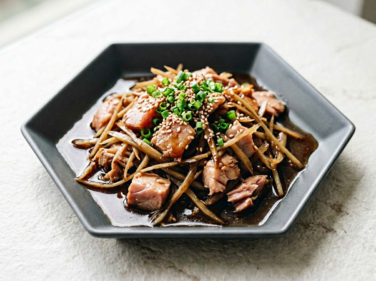 マグロとごぼうの焼肉のタレレンジ蒸し