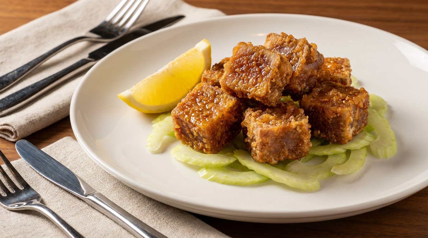 マグロとセロリのコンソメ竜田揚げ（完成イメージ）