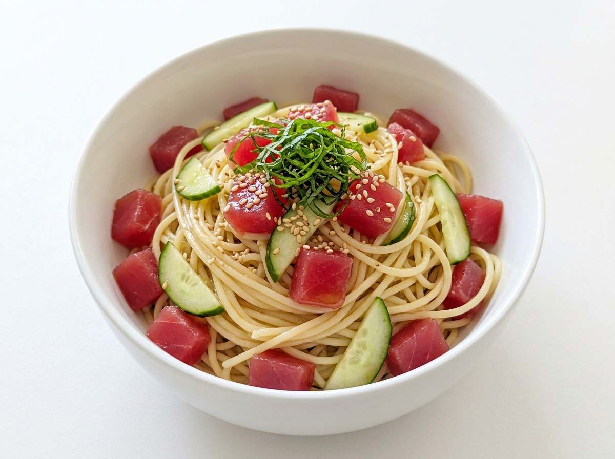 マグロときゅうりの鶏ガラ冷製パスタ