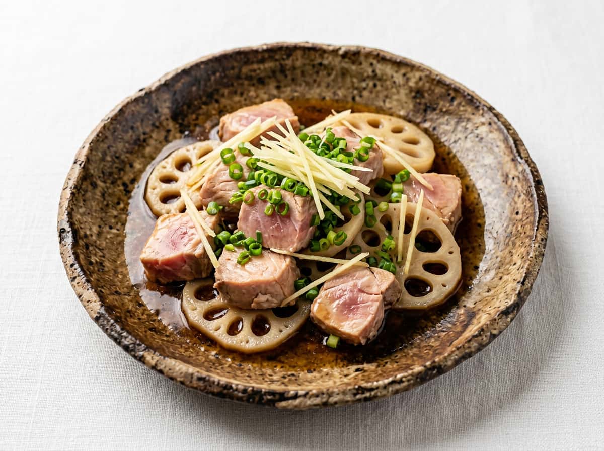 マグロとれんこんのめんつゆレンジ蒸し