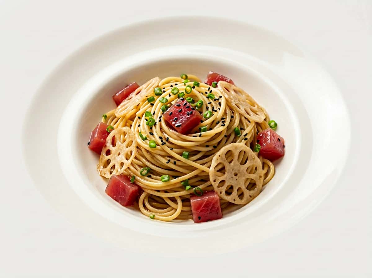 マグロとれんこんの味噌だれ冷製パスタ