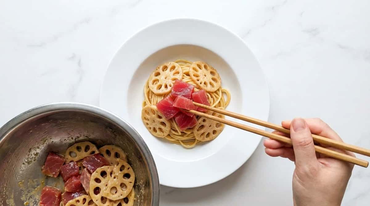 マグロとれんこんの味噌だれ冷製パスタ（完成イメージ）