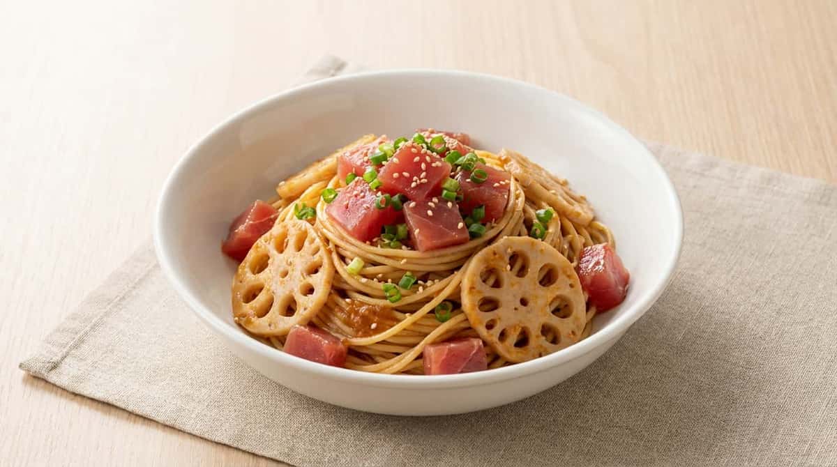 マグロとれんこんの味噌だれ冷製パスタ（完成イメージ）