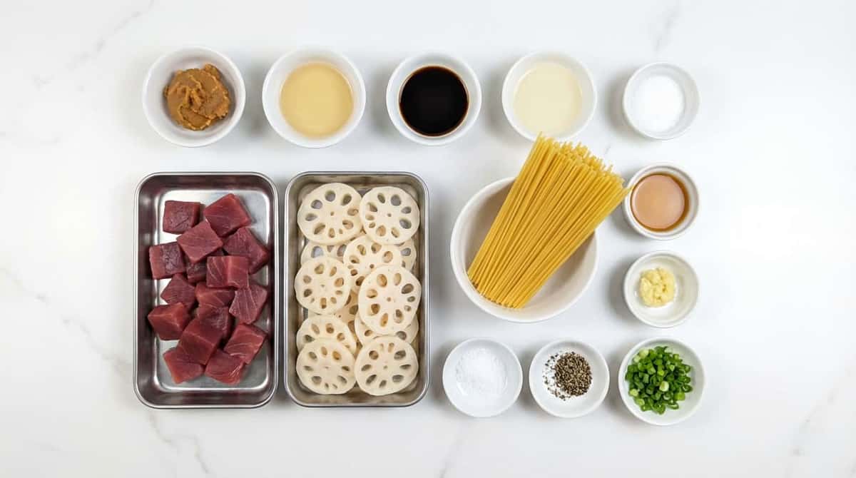 マグロとれんこんの味噌だれ冷製パスタ（材料）