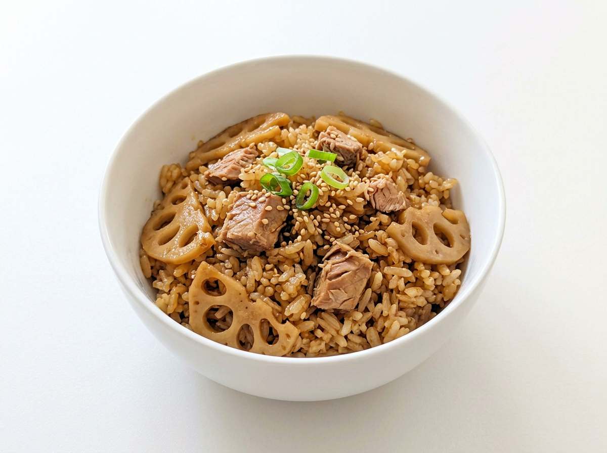 マグロとれんこんのオイスターソース炊き込みご飯