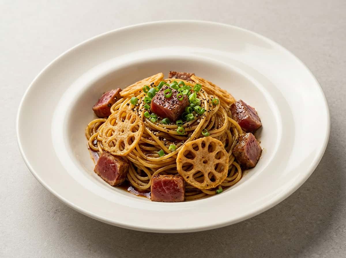 マグロとれんこんの焼肉タレパスタ