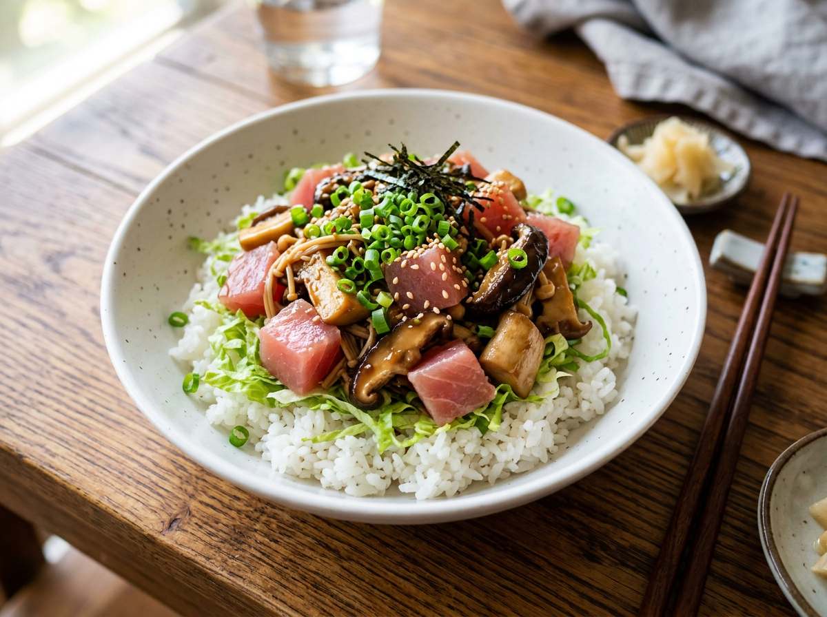 マグロときのこのオイスターソース丼
