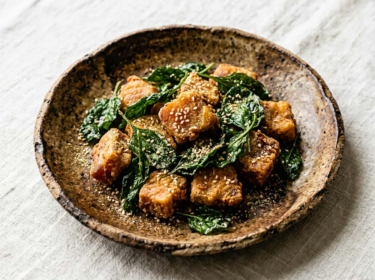 マグロとほうれん草の鶏ガラ風味から揚げ丼仕立て