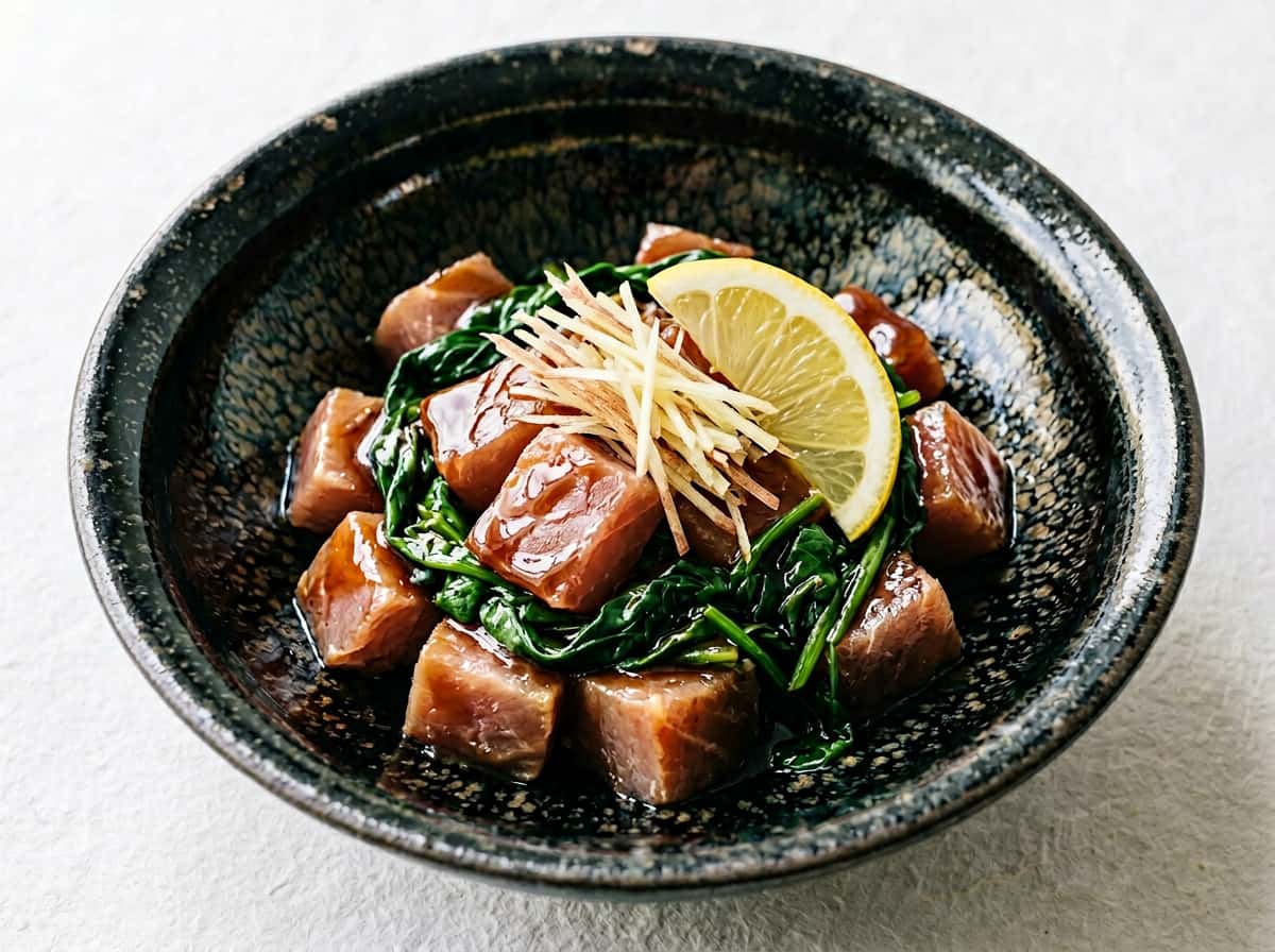 マグロとほうれん草のオイスターソース蒸し