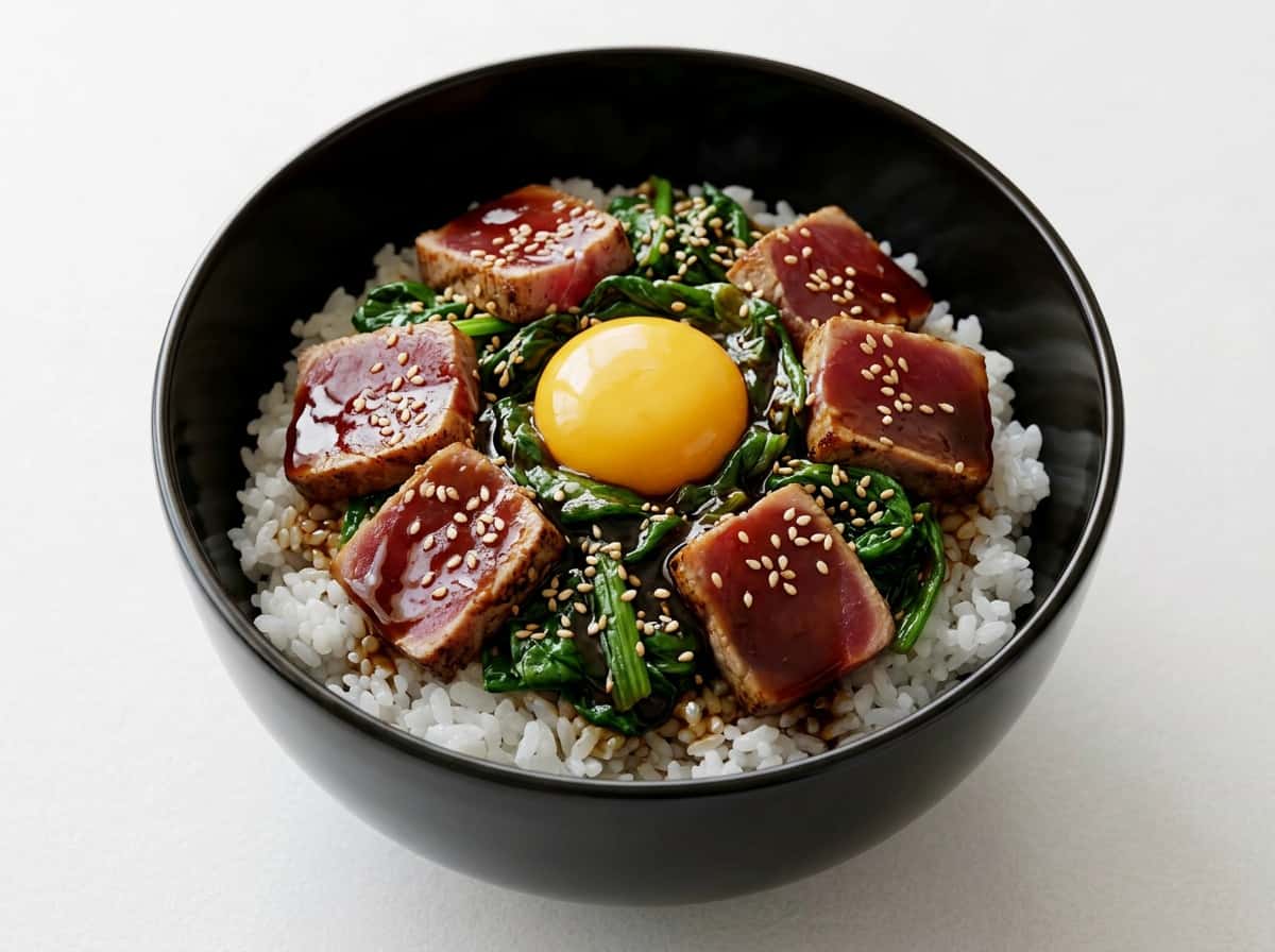 マグロとほうれん草の焼肉タレ丼