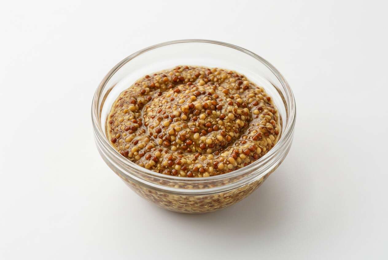 ガラスのボウルに入った粒マスタードの画像